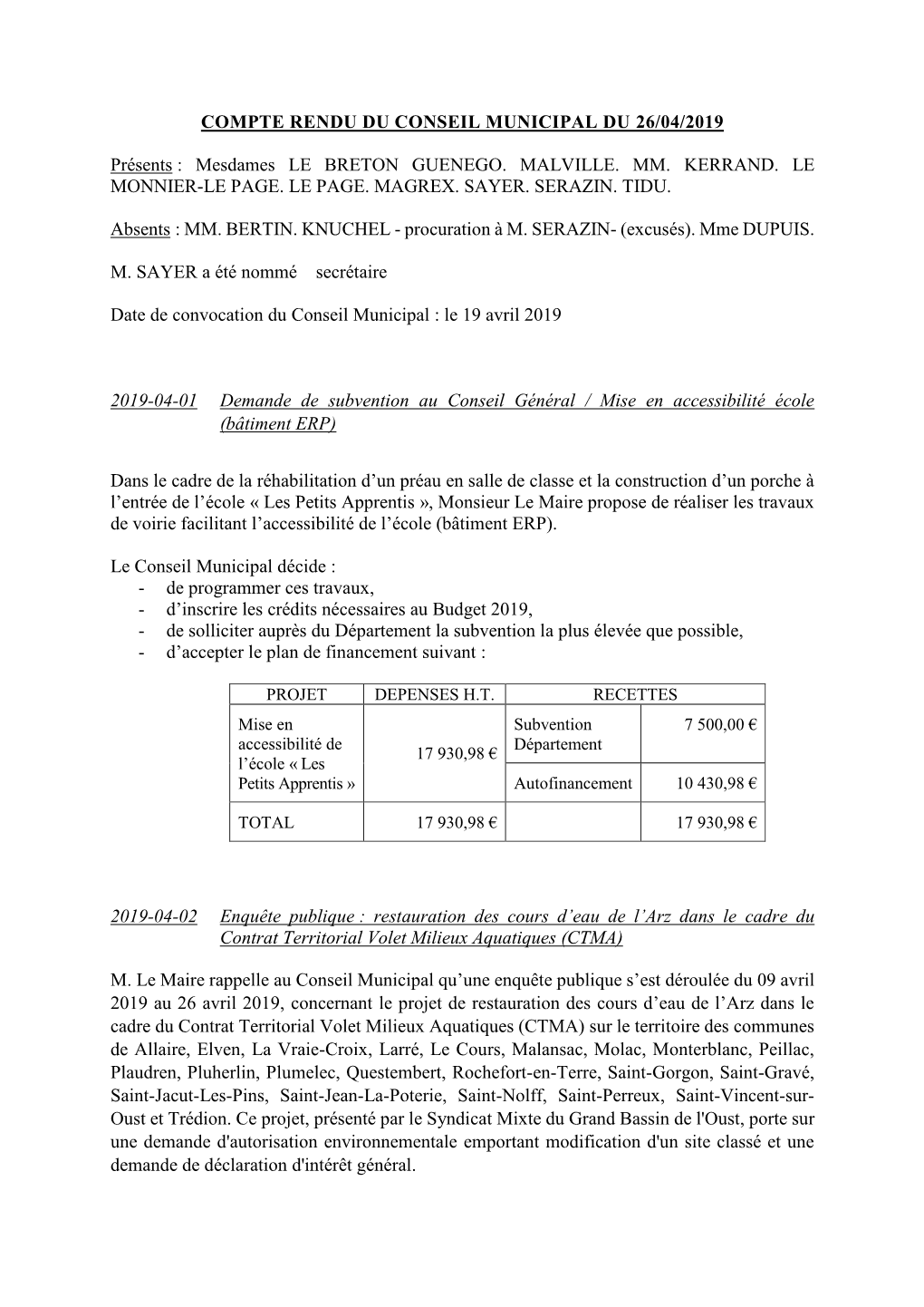 Compte Rendu Du Conseil Municipal Du 26/04/2019