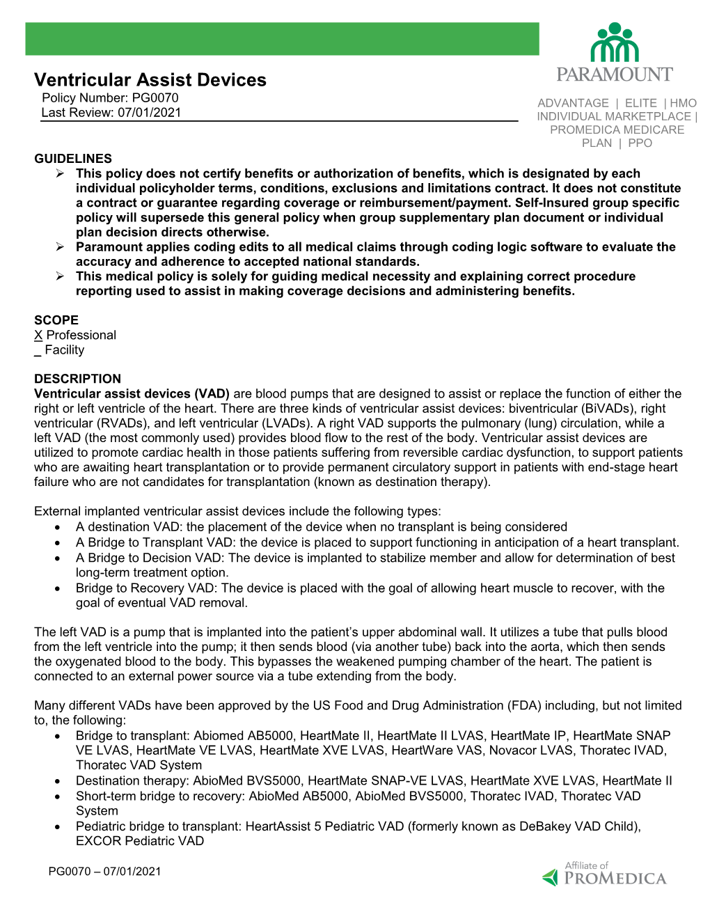 PG0070 Ventricular Assist Devices