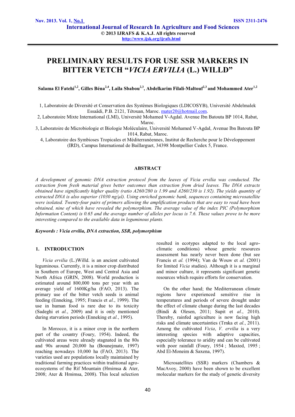 Preliminary Results for Use Ssr Markers in Bitter Vetch “Vicia Ervilia (L.) Willd”