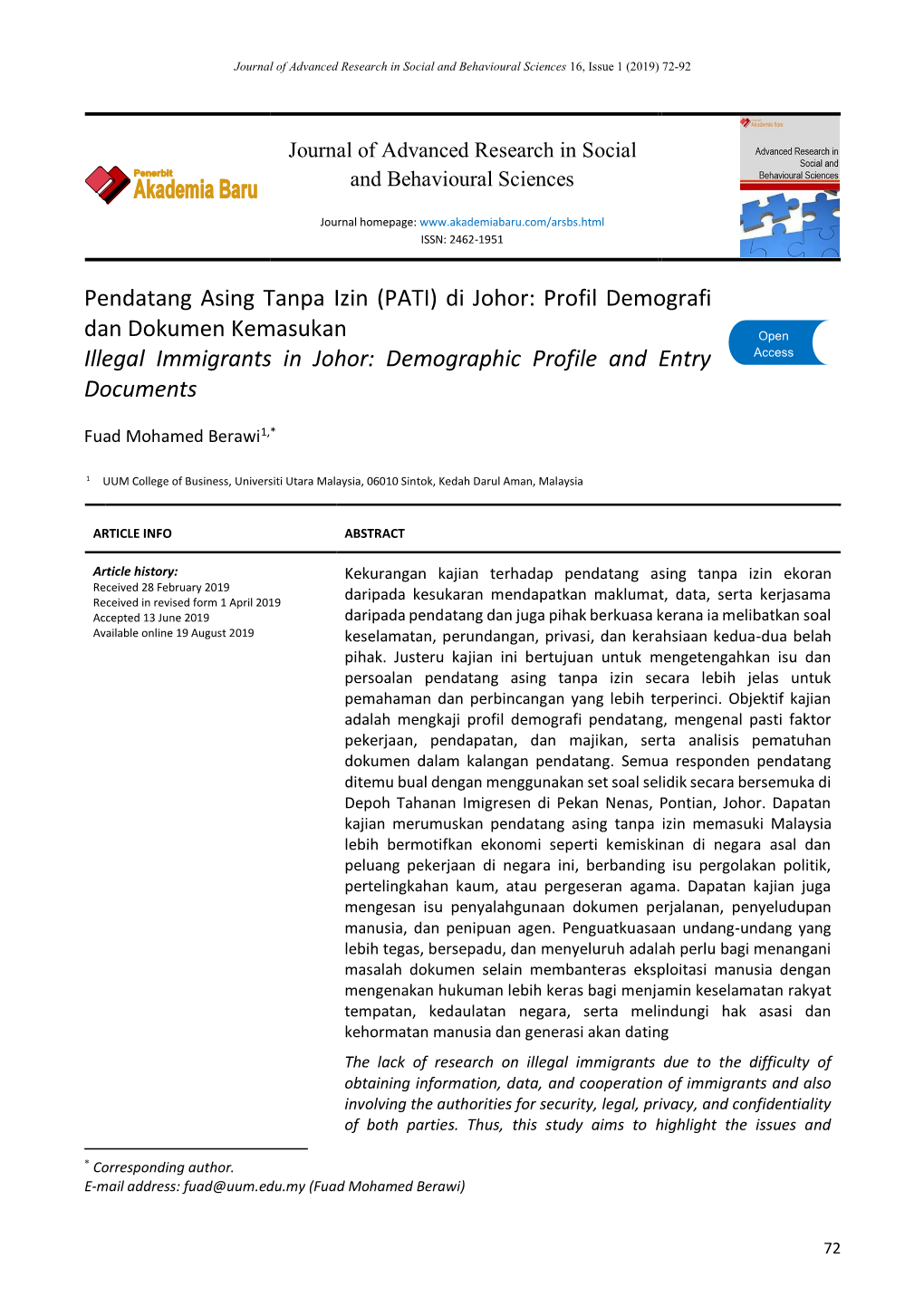 Pendatang Asing Tanpa Izin (PATI) Di Johor: Profil Demografi Dan Dokumen Kemasukan Open Illegal Immigrants in Johor: Demographic Profile and Entry Access Documents