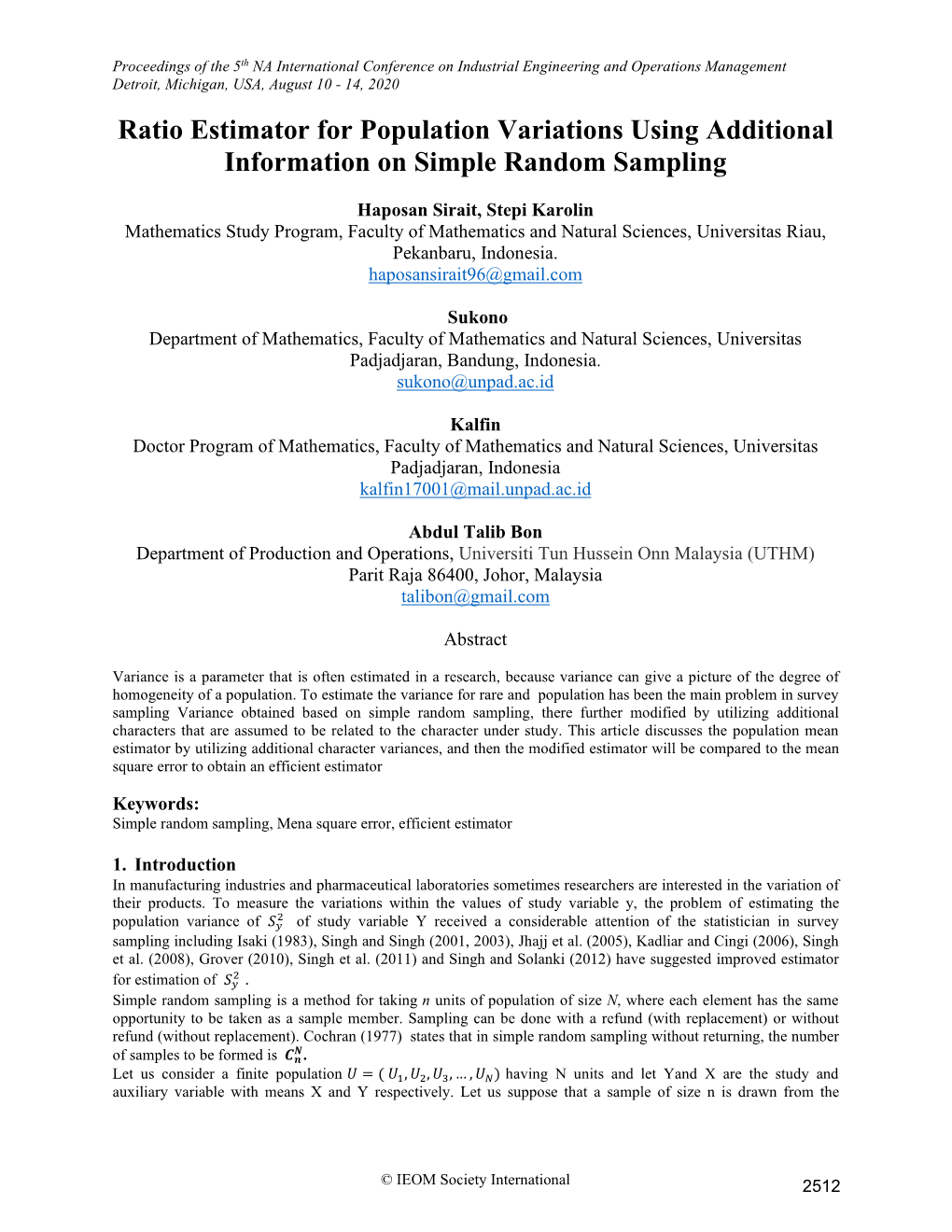 ID 505 Ratio Estimator for Population Variations Using Additional