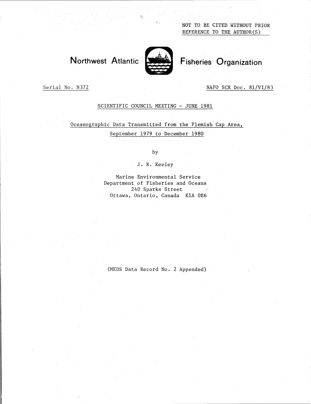 Oceanographic Data Transmitted from the Flemish Cap Area September 1979 to December 1980