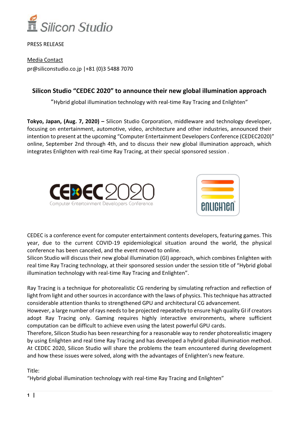 Silicon Studio “CEDEC 2020” to Announce Their New Global Illumination Approach “Hybrid Global Illumination Technology with Real-Time Ray Tracing and Enlighten”