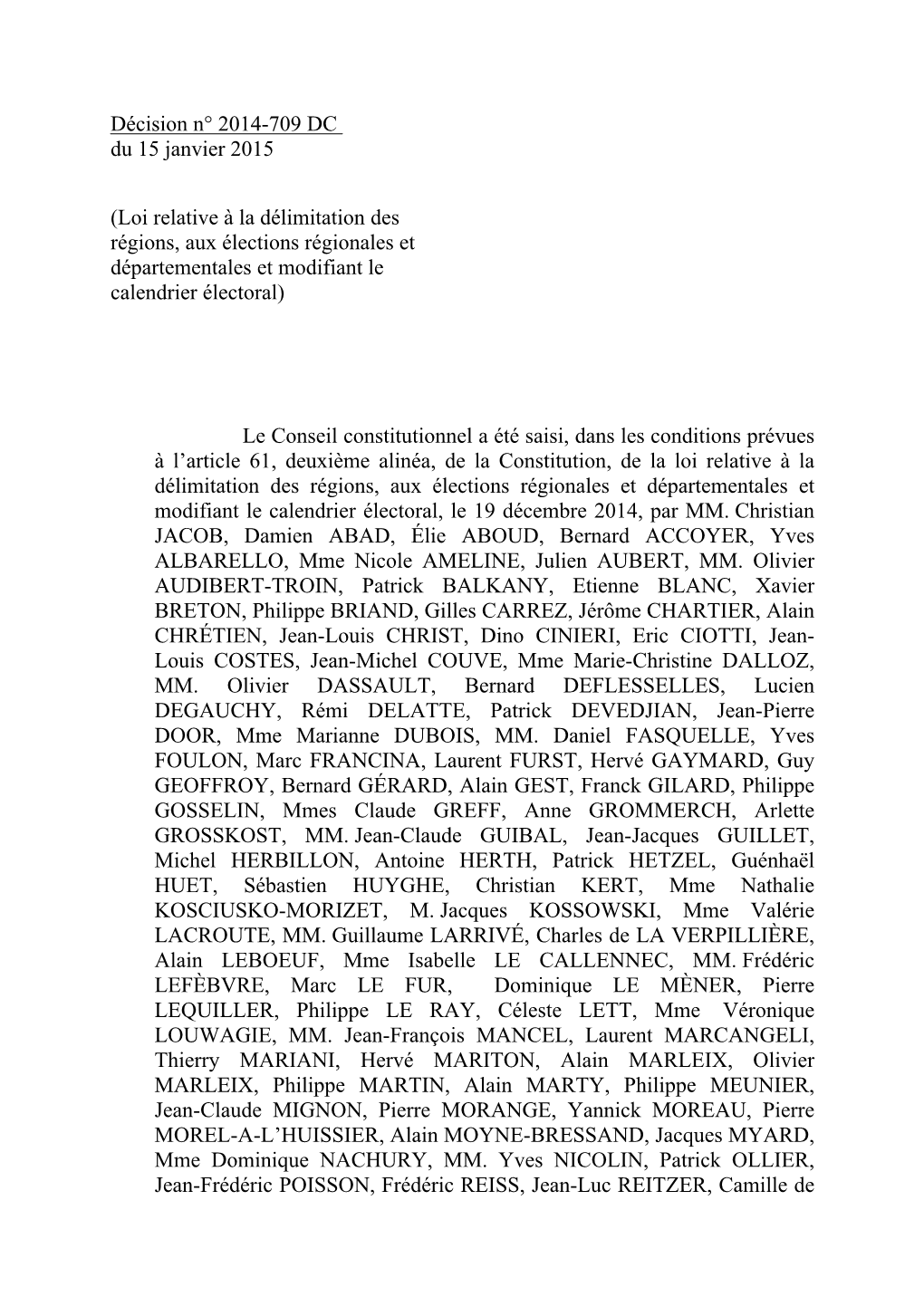 Décision N° 2014-709 DC Du 15 Janvier 2015 (Loi