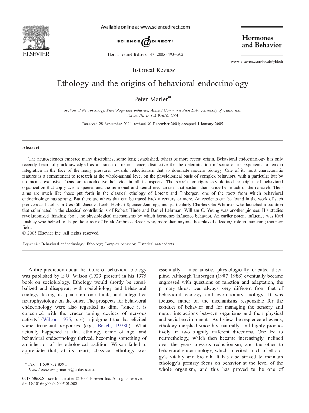 Ethology and the Origins of Behavioral Endocrinology