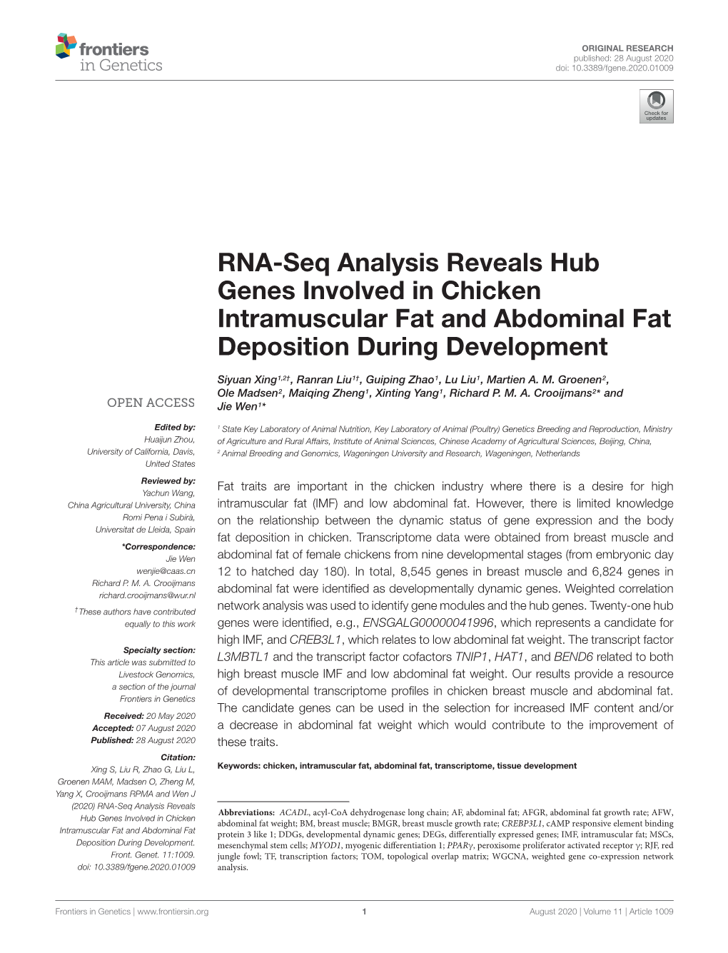 RNA-Seq Analysis Reveals Hub Genes Involved in Chicken Intramuscular Fat and Abdominal Fat Deposition During Development