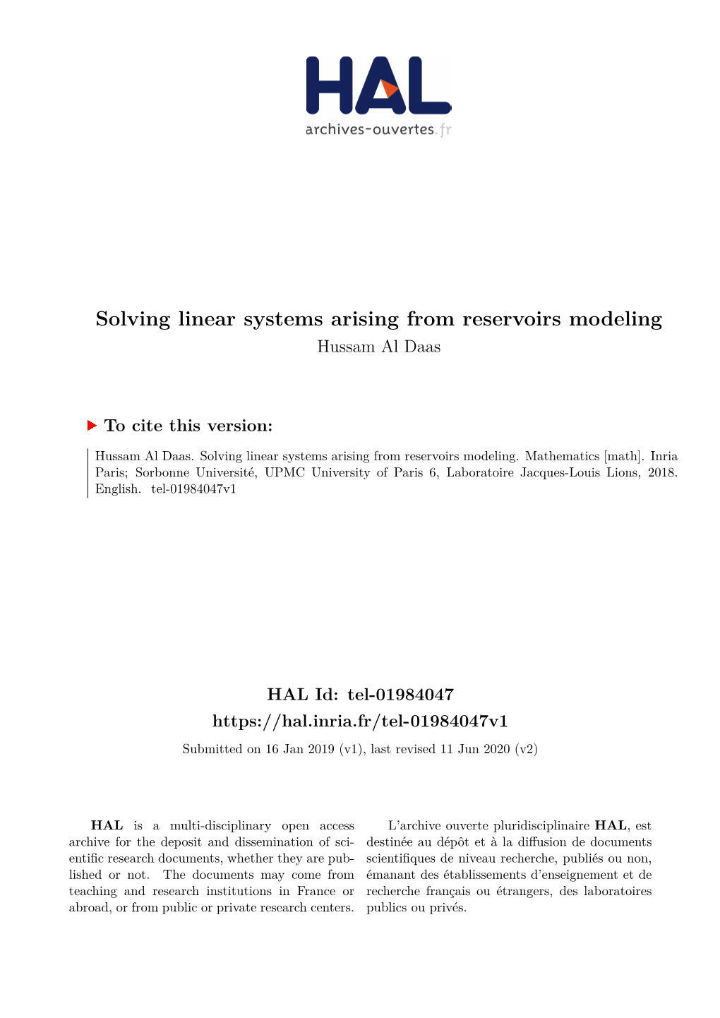 Solving Linear Systems Arising from Reservoirs Modeling Hussam Al Daas