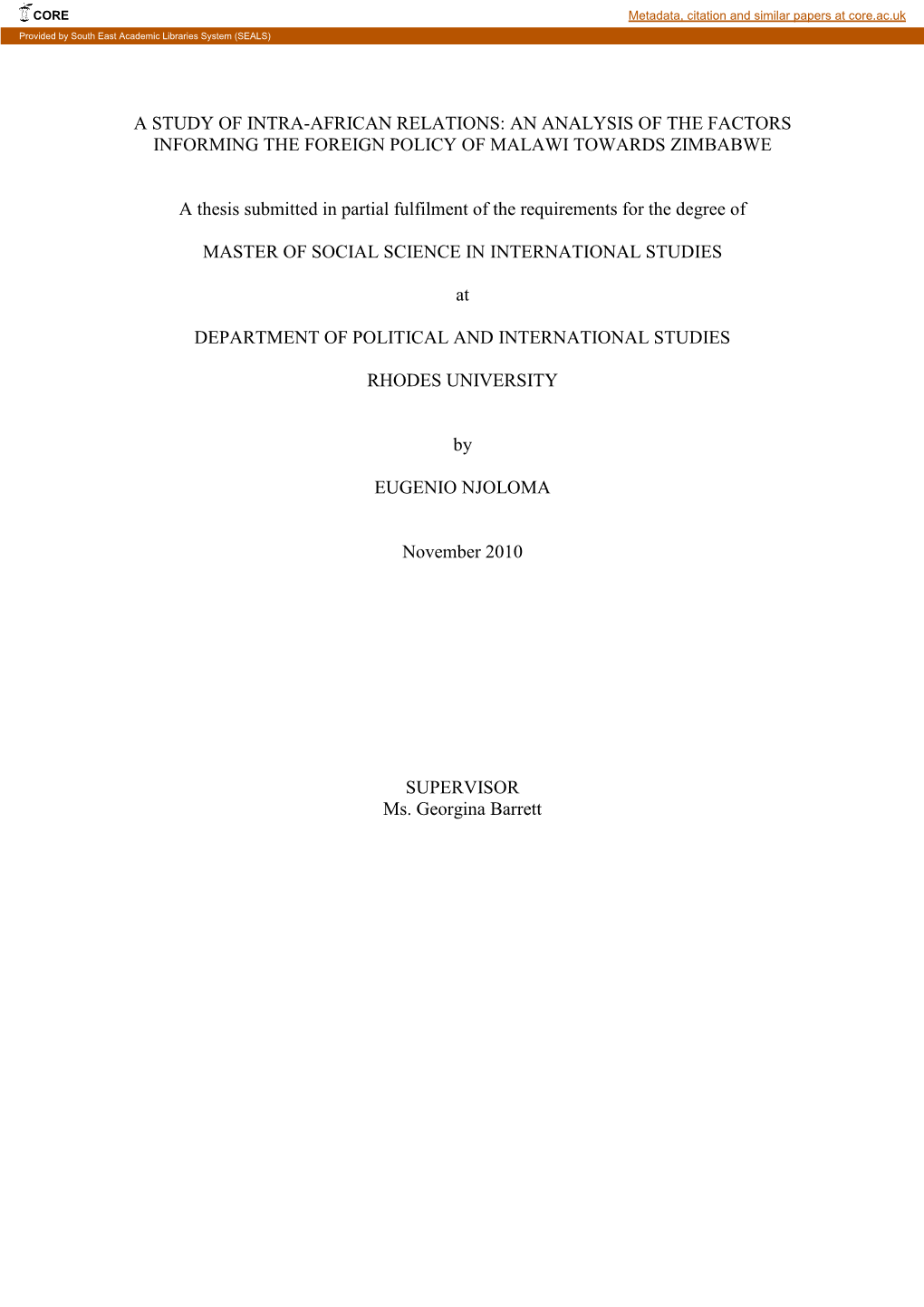 A Study of Intra-African Relations: an Analysis of the Factors Informing the Foreign Policy of Malawi Towards Zimbabwe