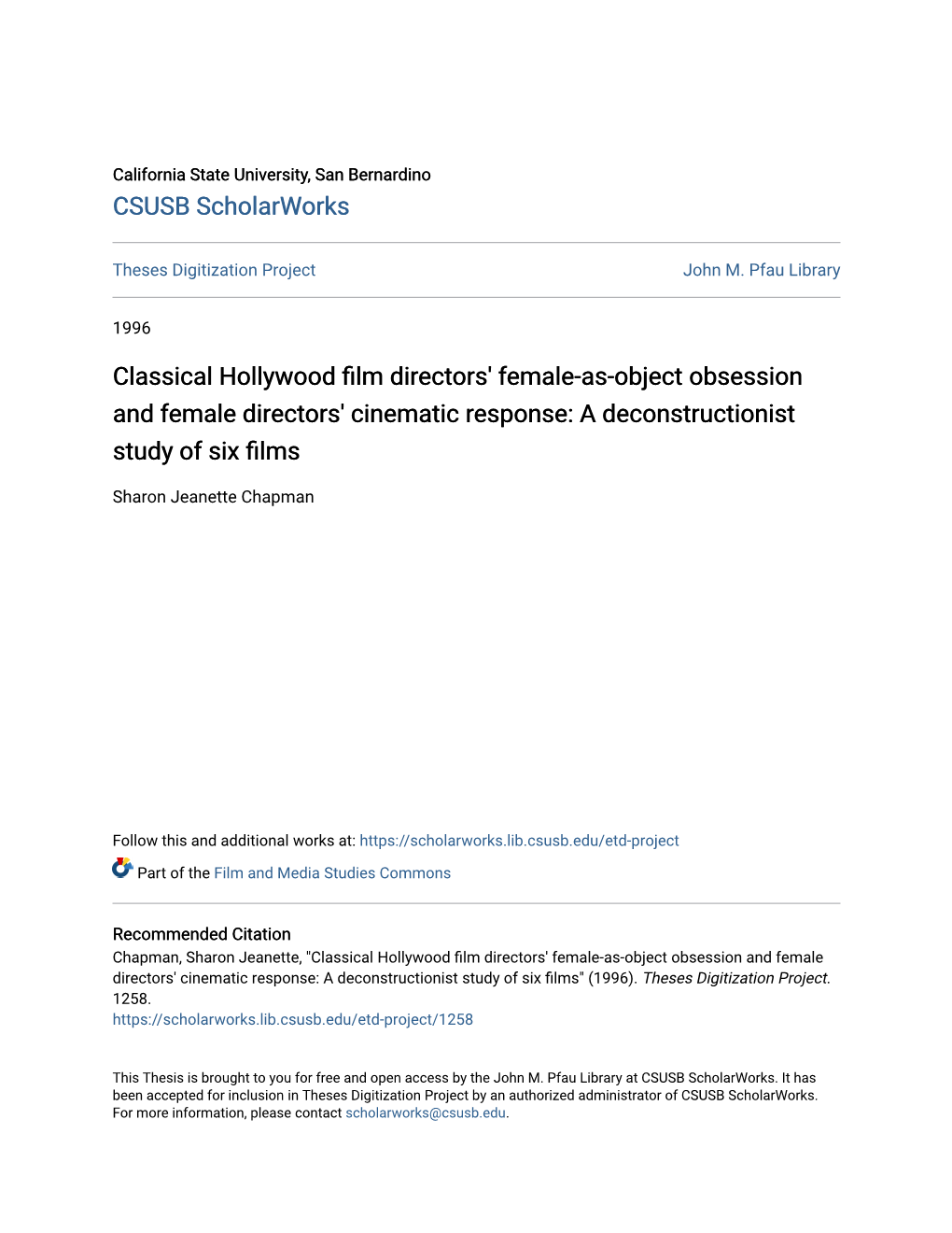 Classical Hollywood Film Directors' Female-As-Object Obsession and Female Directors' Cinematic Response: a Deconstructionist Study of Six Films