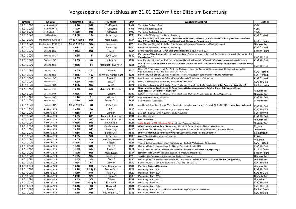 Vorgezogener Schulschluss Am 31.01.2020 Mit Der Bitte Um Beachtung