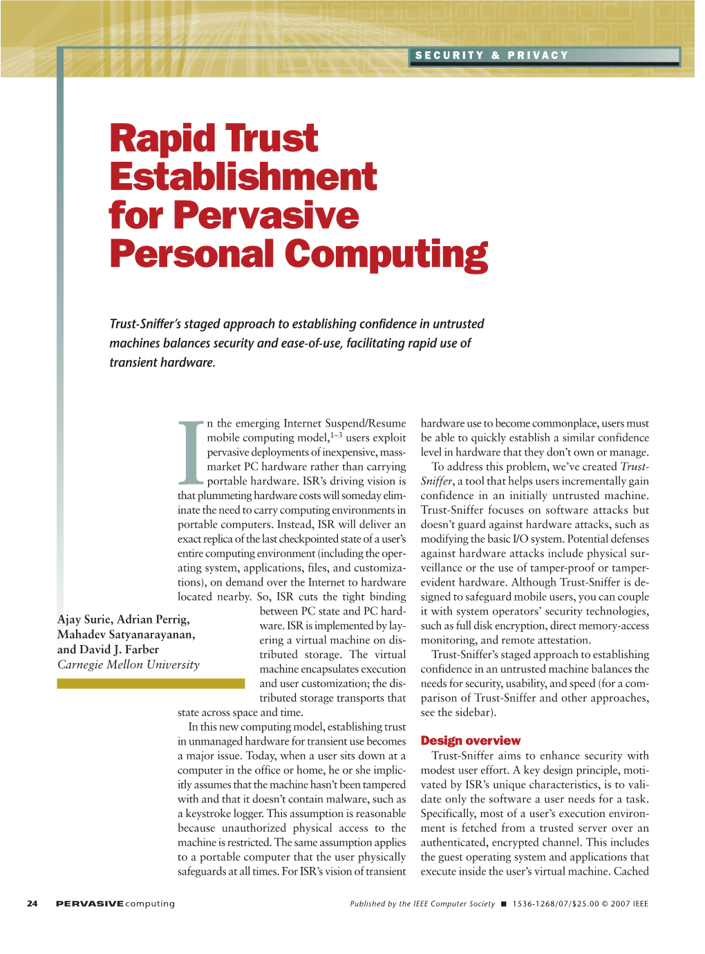 Rapid Trust Establishment for Pervasive Personal Computing