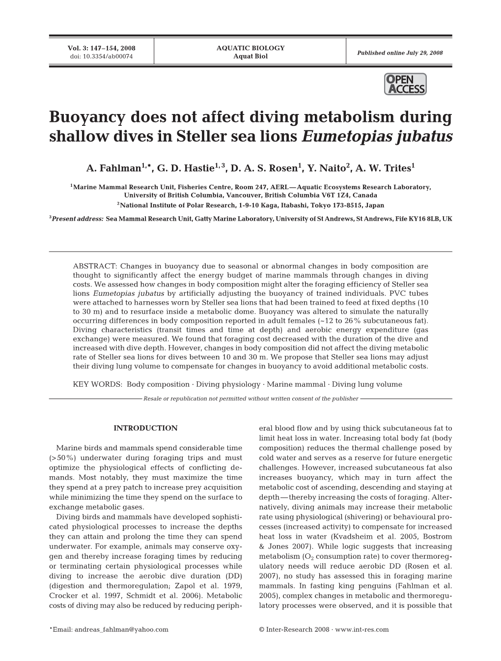 Buoyancy Does Not Affect Diving Metabolism During Shallow Dives in Steller Sea Lions Eumetopias Jubatus