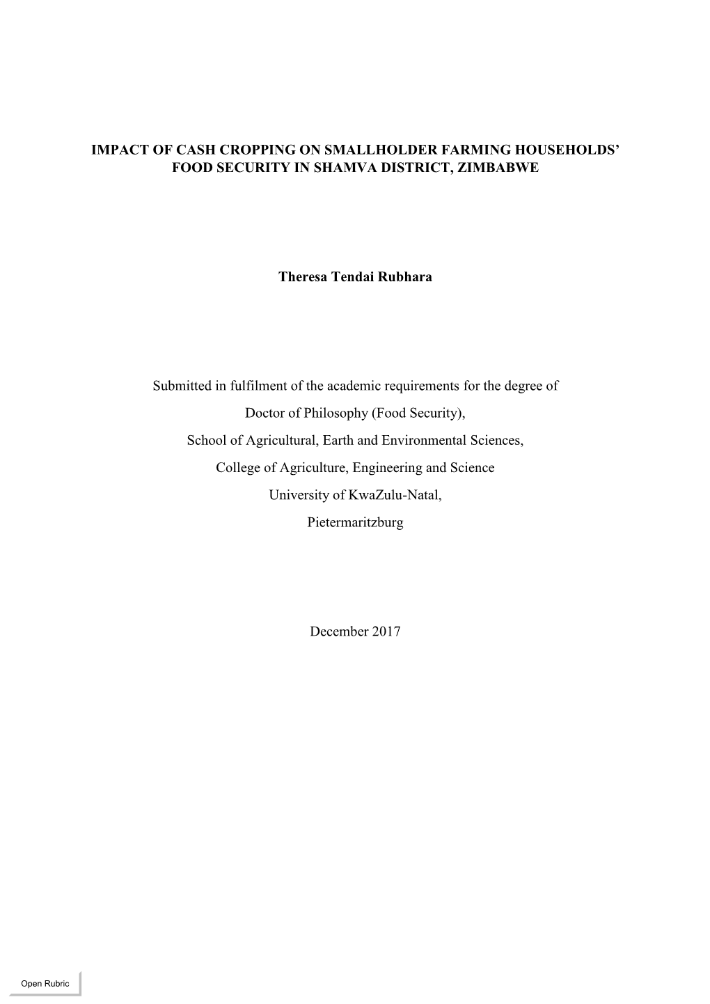 Impact of Cash Cropping on Smallholder Farming Households’ Food Security in Shamva District, Zimbabwe