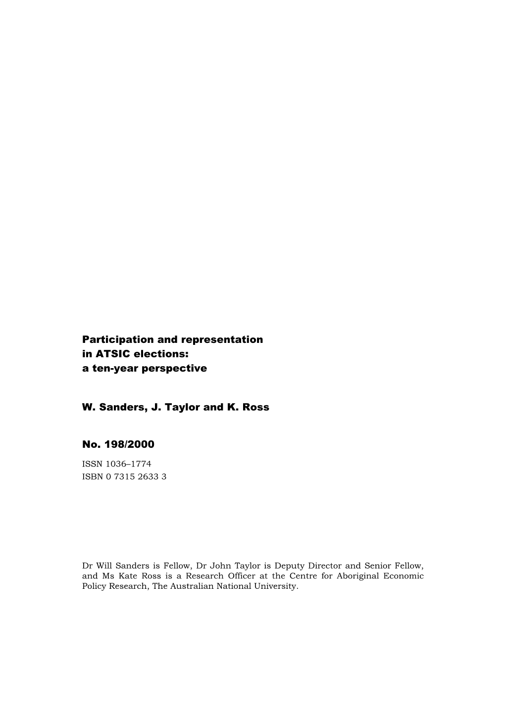 Participation and Representation in ATSIC Elections: a Ten-Year Perspective
