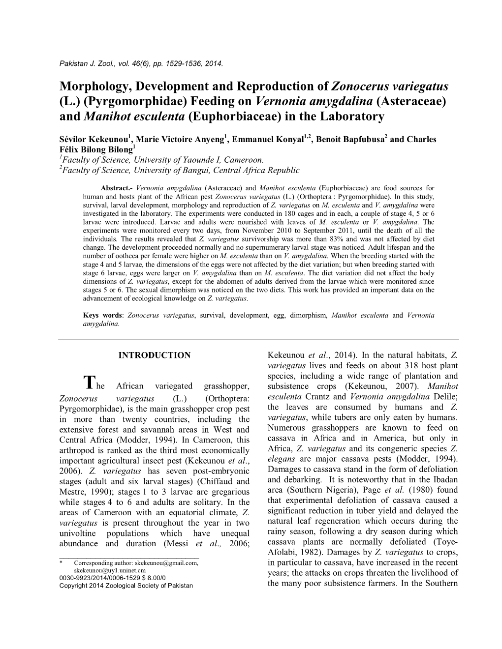 Morphology, Development and Reproduction of Zonocerus