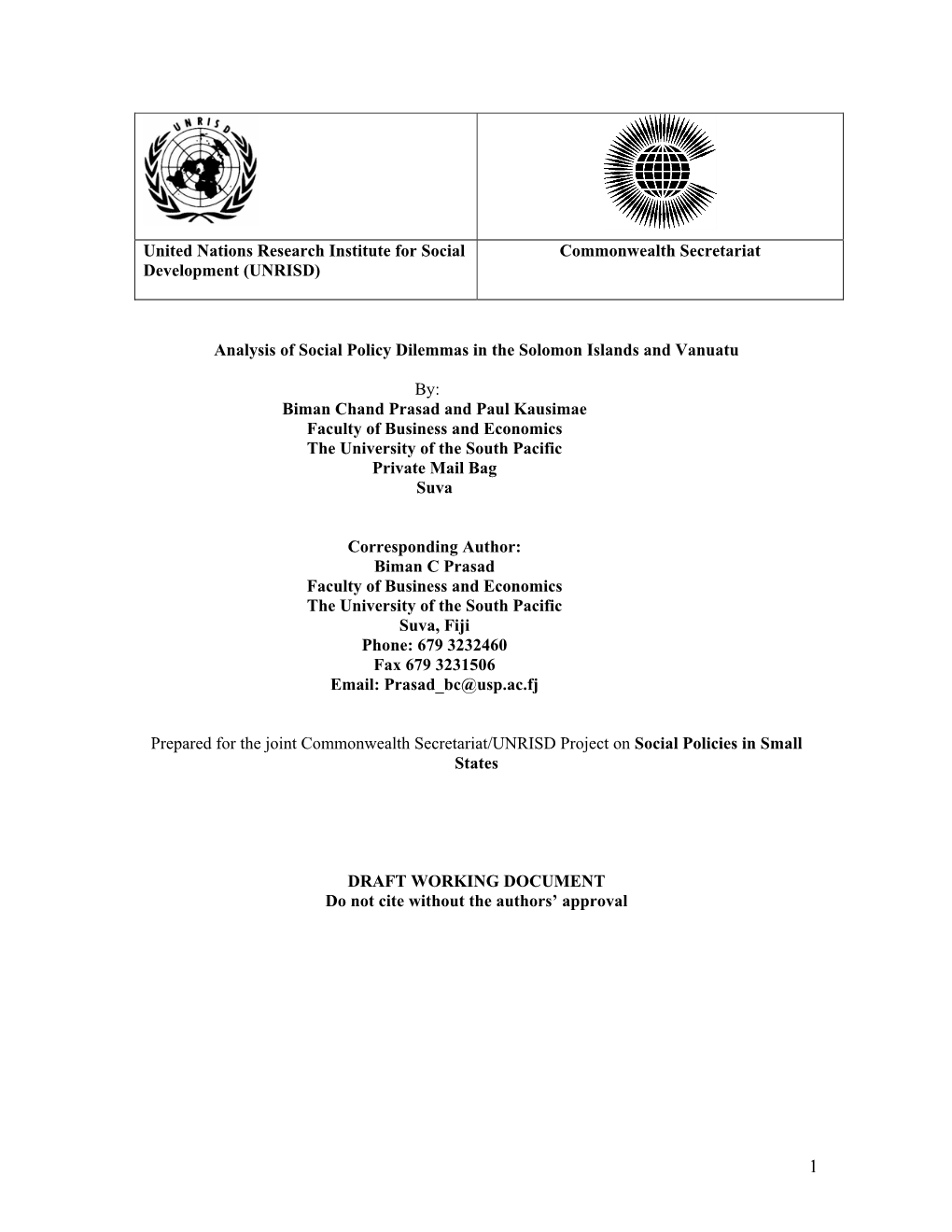 Analysis of Social Policy Dilemmas in the Solomon Islands and Vanuatu By