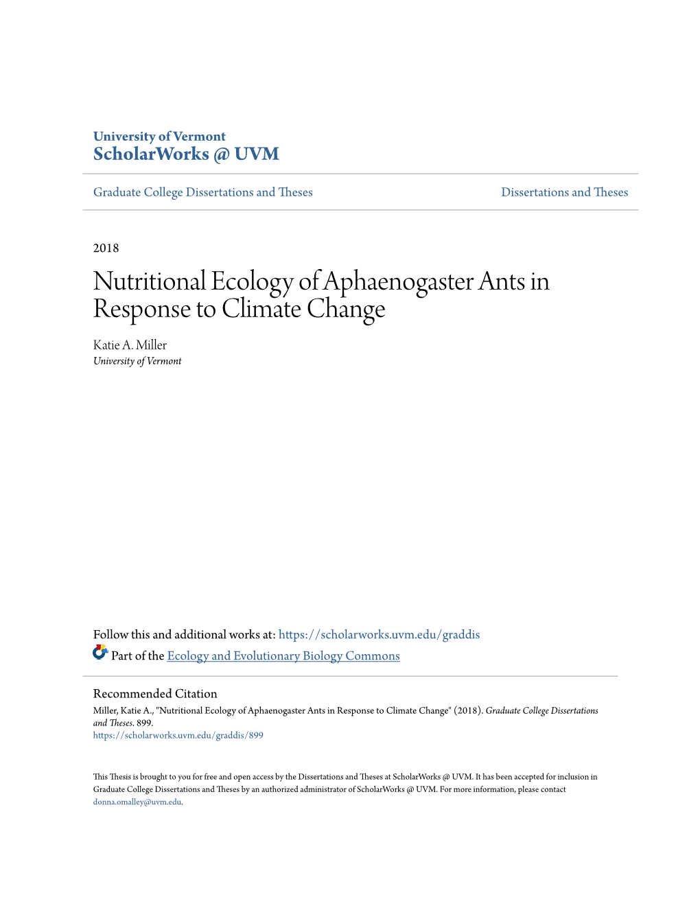Nutritional Ecology of Aphaenogaster Ants in Response to Climate Change Katie A