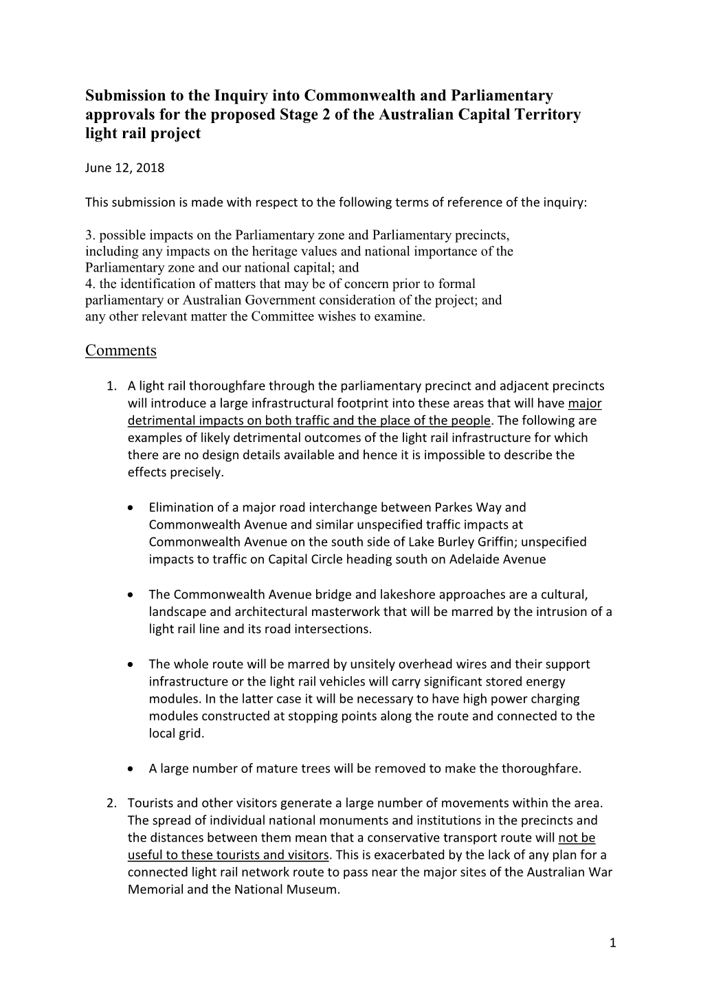 Submission to the Inquiry Into Commonwealth and Parliamentary Approvals for the Proposed Stage 2 of the Australian Capital Territory Light Rail Project