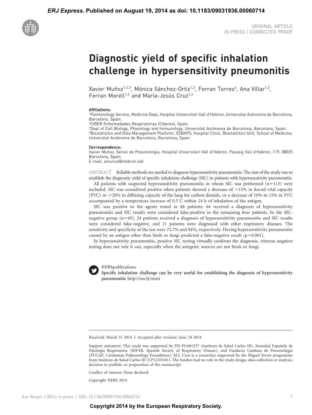 Diagnostic Yield of Specific Inhalation Challenge in Hypersensitivity Pneumonitis