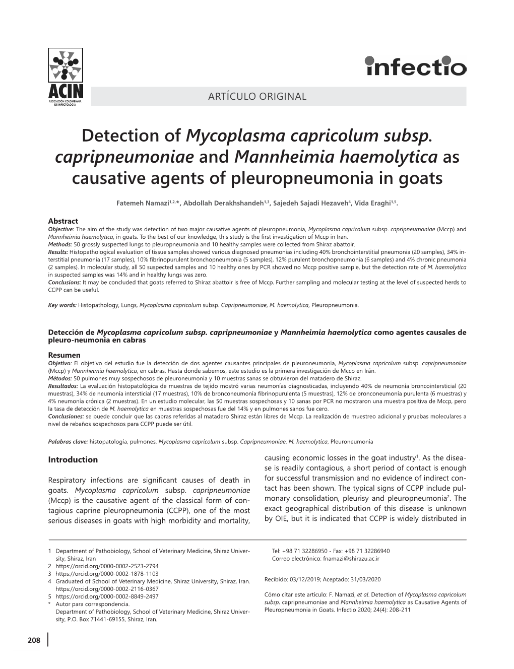 Detection of Mycoplasma Capricolum Subsp. Capripneumoniae and Mannheimia Haemolytica As Causative Agents of Pleuropneumonia in Goats