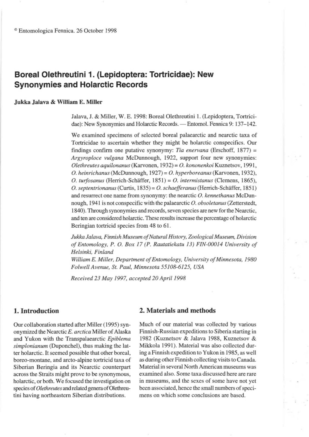 Lepidoptera: Tortricidae): New Synonymies and Holarctic Records