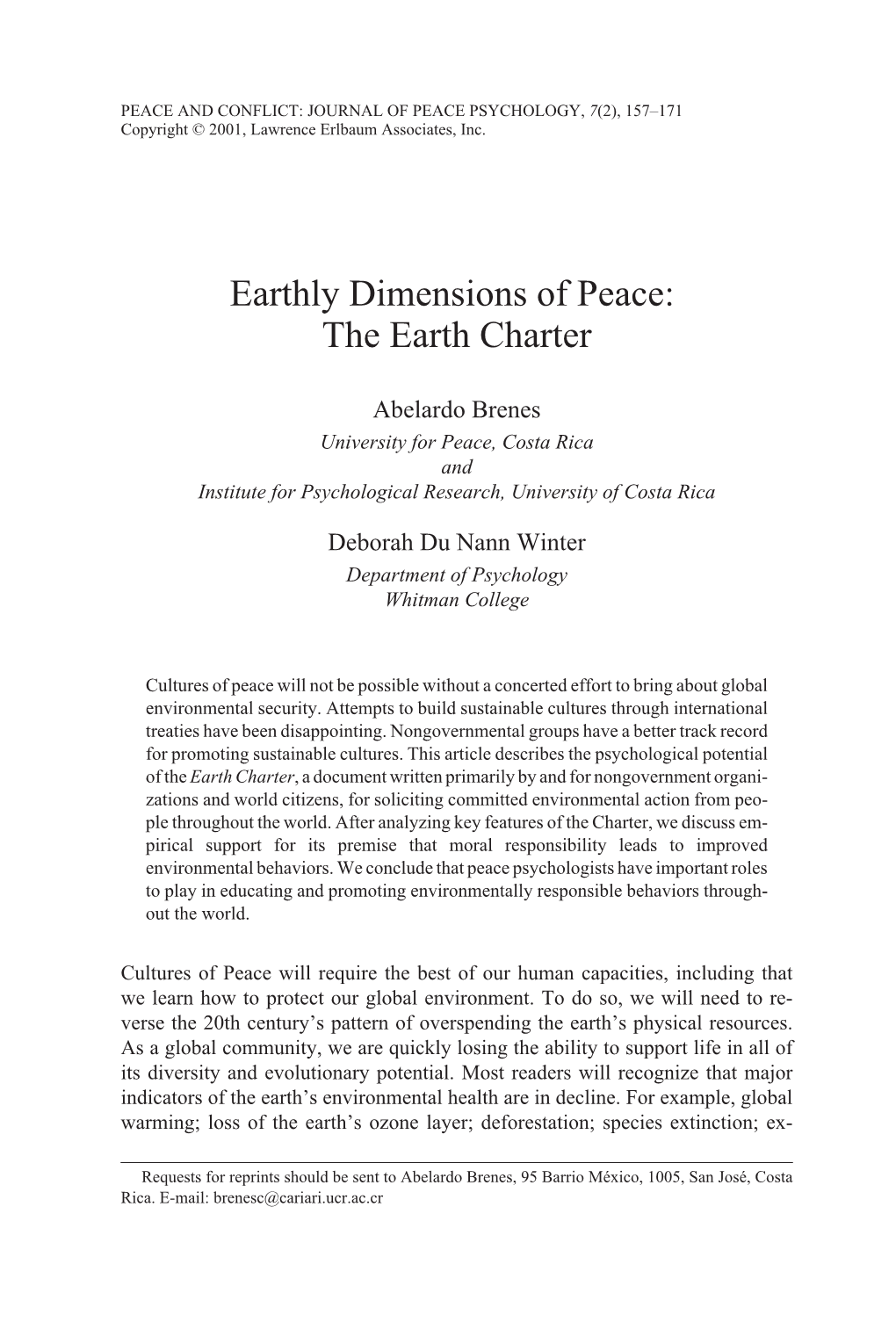 Earthly Dimensions of Peace: the Earth Charter