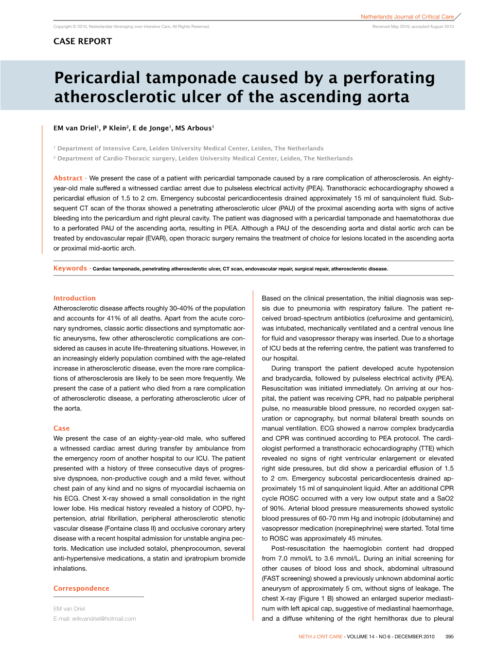 Pericardial Tamponade Caused by a Perforating Atherosclerotic Ulcer of the Ascending Aorta