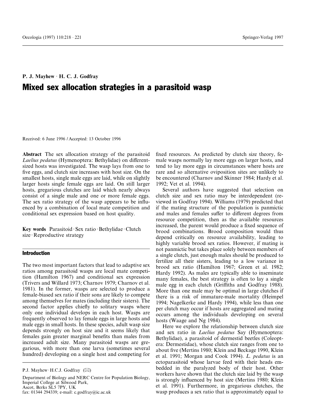 Mixed Sex Allocation Strategies in a Parasitoid Wasp