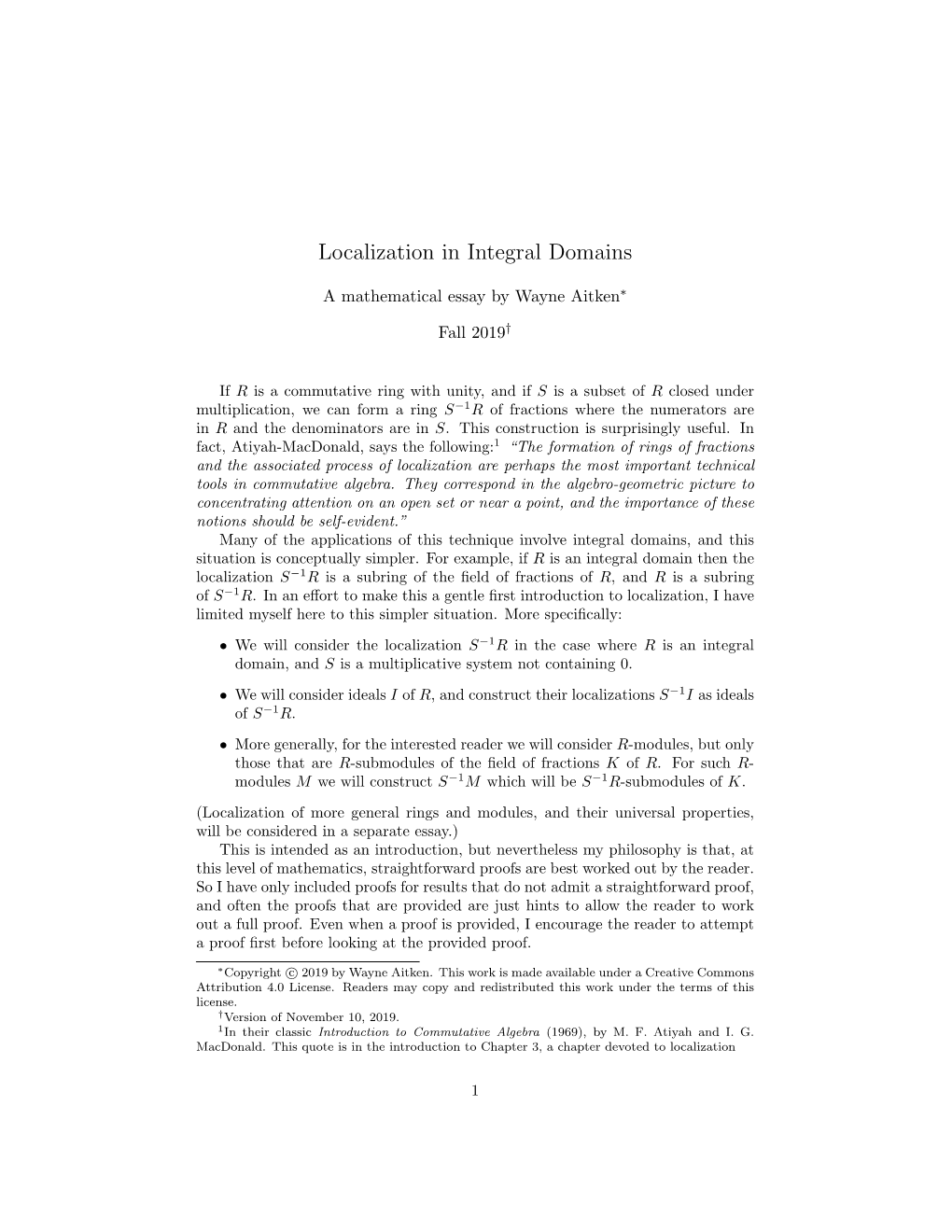 Localization in Integral Domains