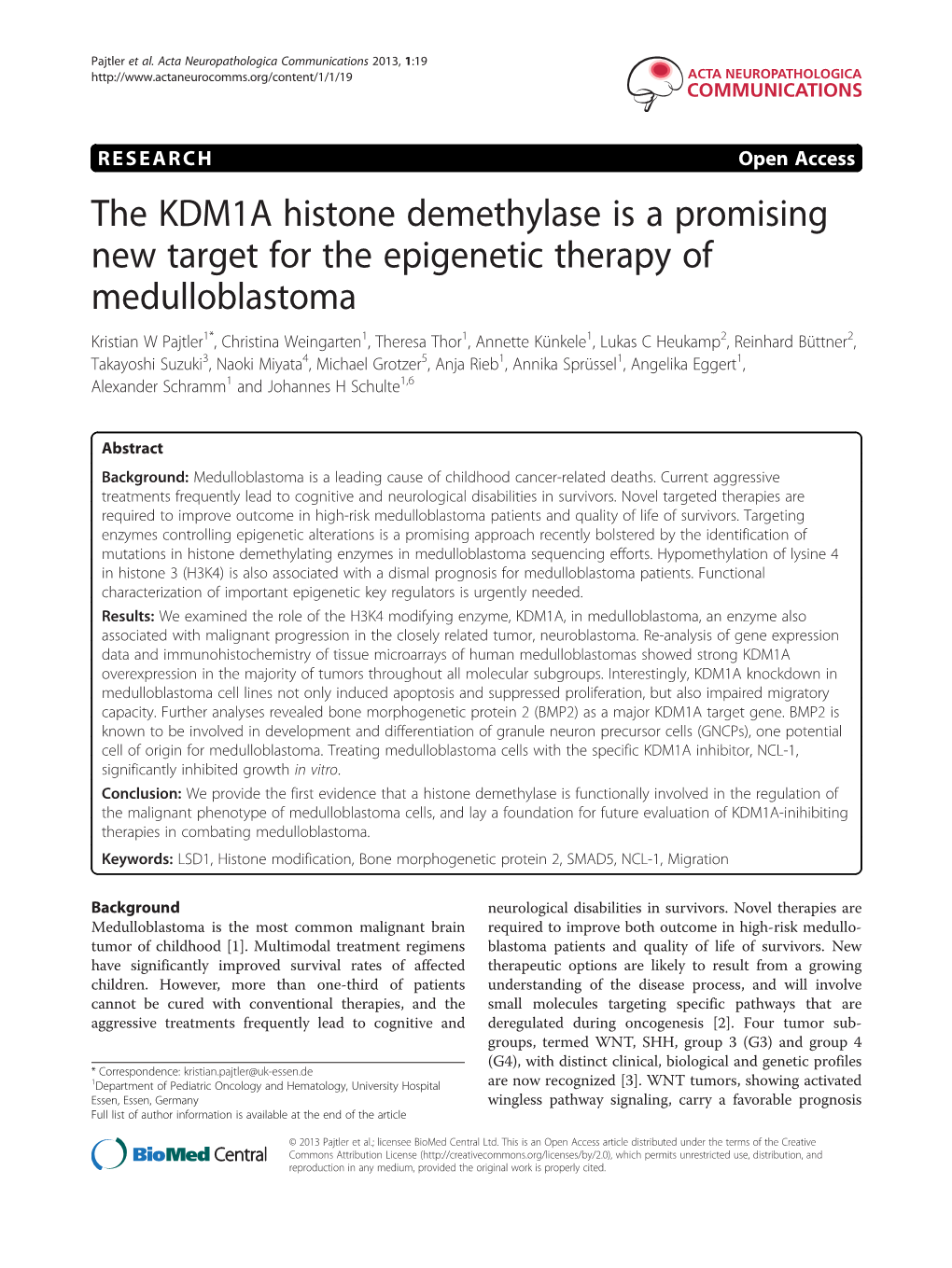 The KDM1A Histone Demethylase Is a Promising New Target for the Epigenetic Therapy of Medulloblastoma