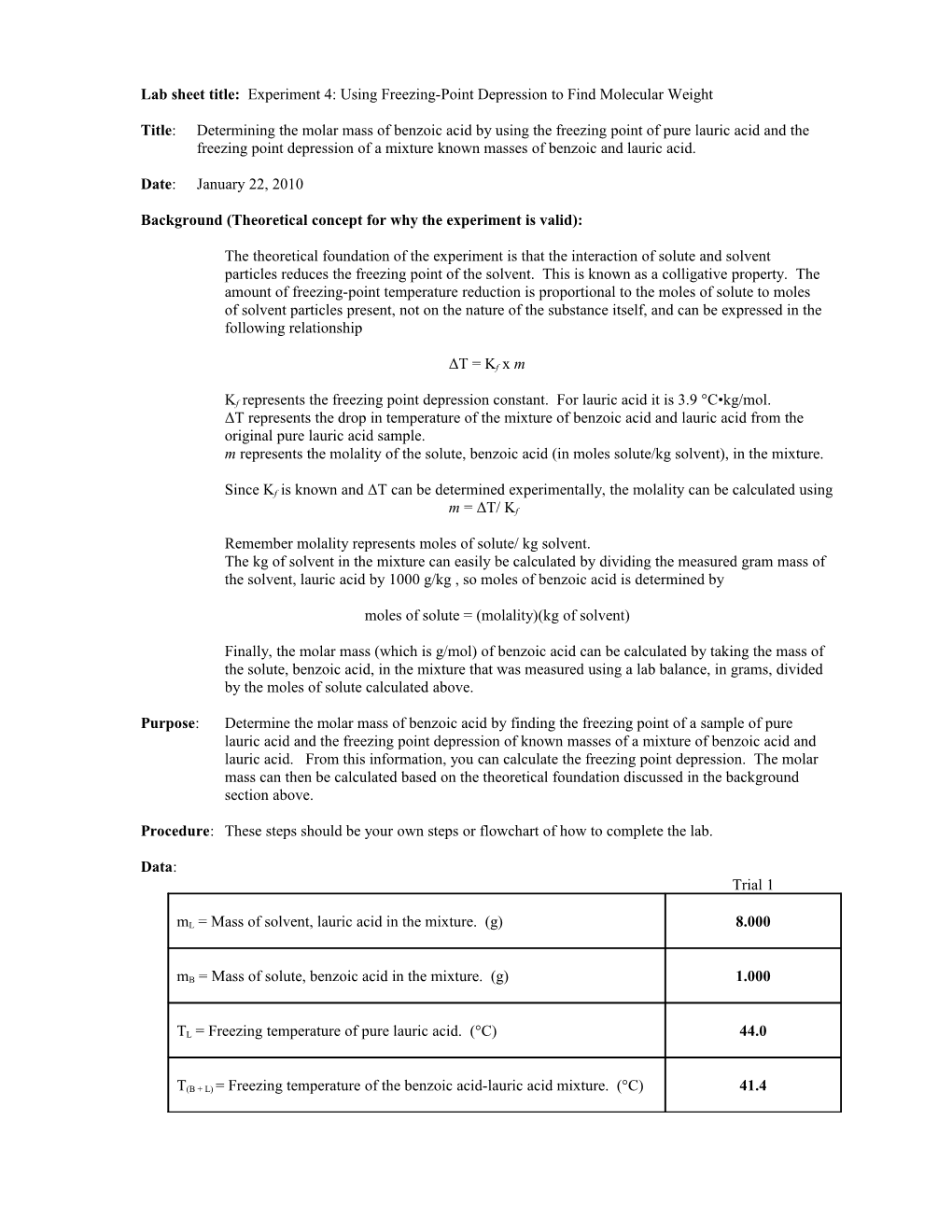 Lab Sheet Title: Experiment 4: Using Freezing-Point Depression to Find Molecular Weight