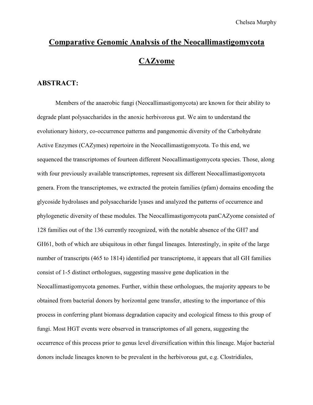 Comparative Genomic Analysis of the Neocallimastigomycota Cazyome