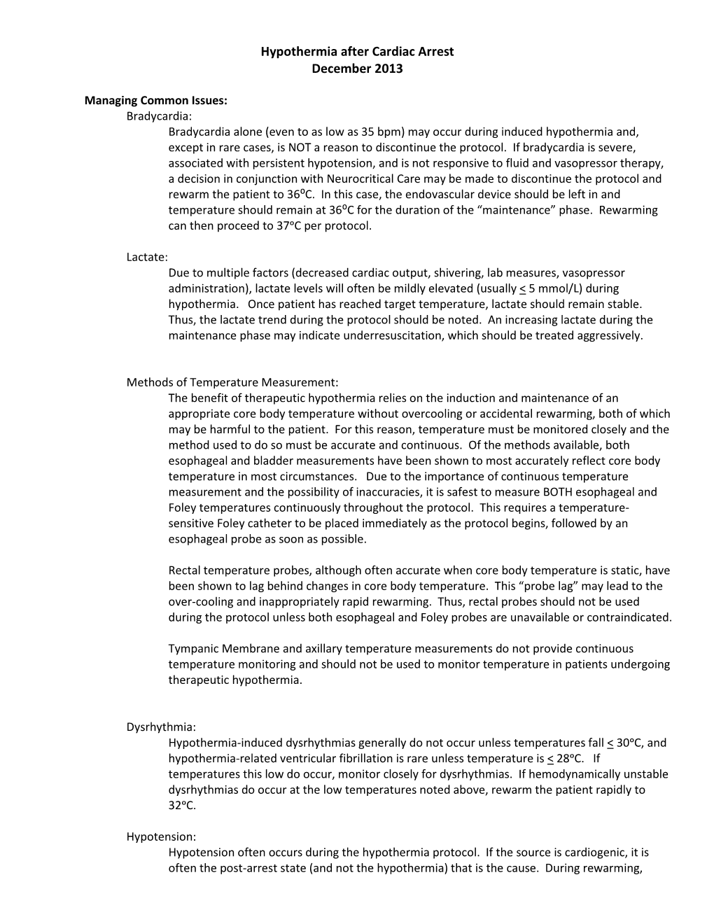 Hypothermia After Cardiac Arrest December 2013