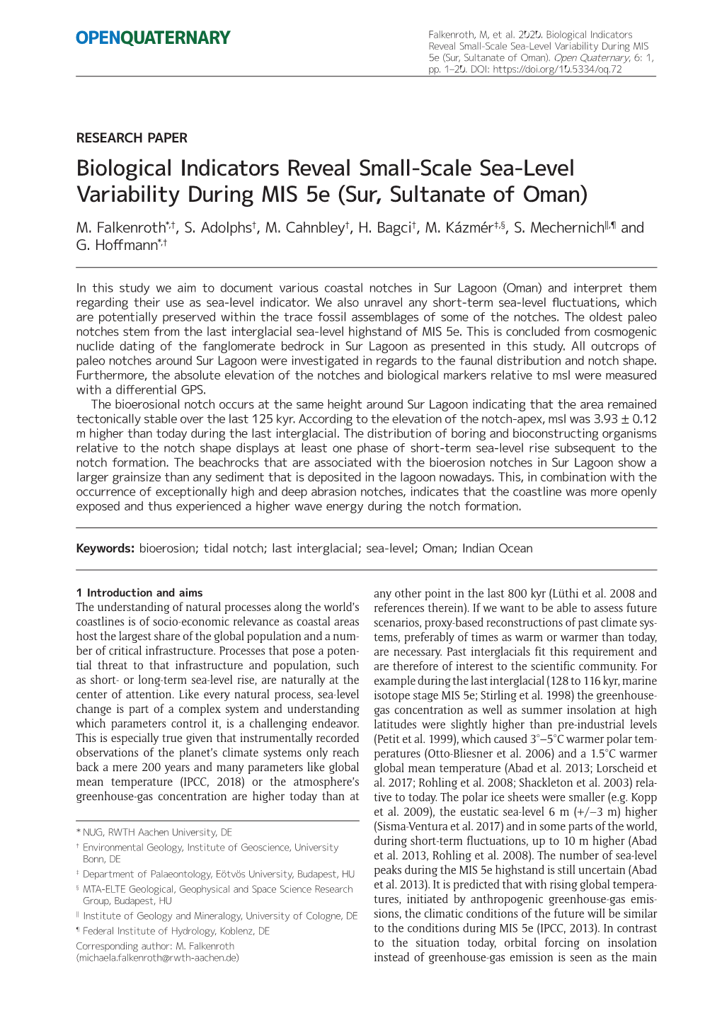 Biological Indicators Reveal Small-Scale Sea-Level Variability During MIS 5E (Sur, Sultanate of Oman)