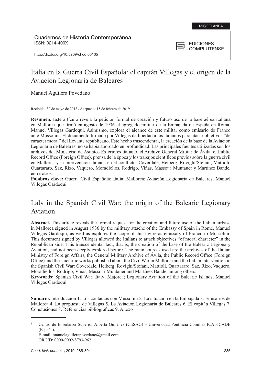 Italia En La Guerra Civil Española: El Capitán Villegas Y El Origen De La Aviación Legionaria De Baleares