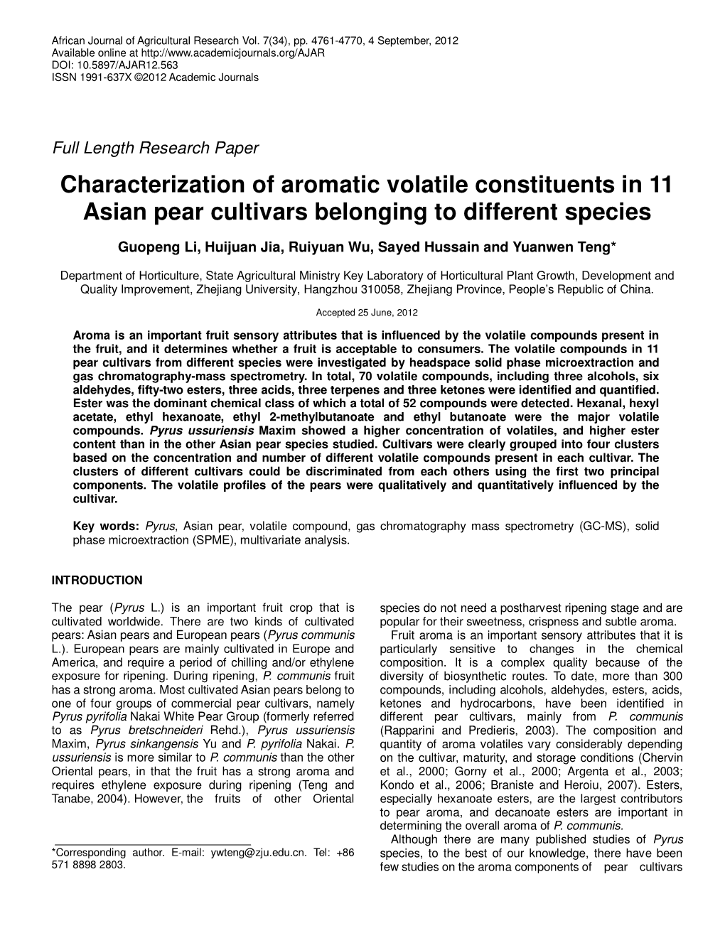 Characterization of Aromatic Volatile Constituents in 11 Asian Pear Cultivars Belonging to Different Species