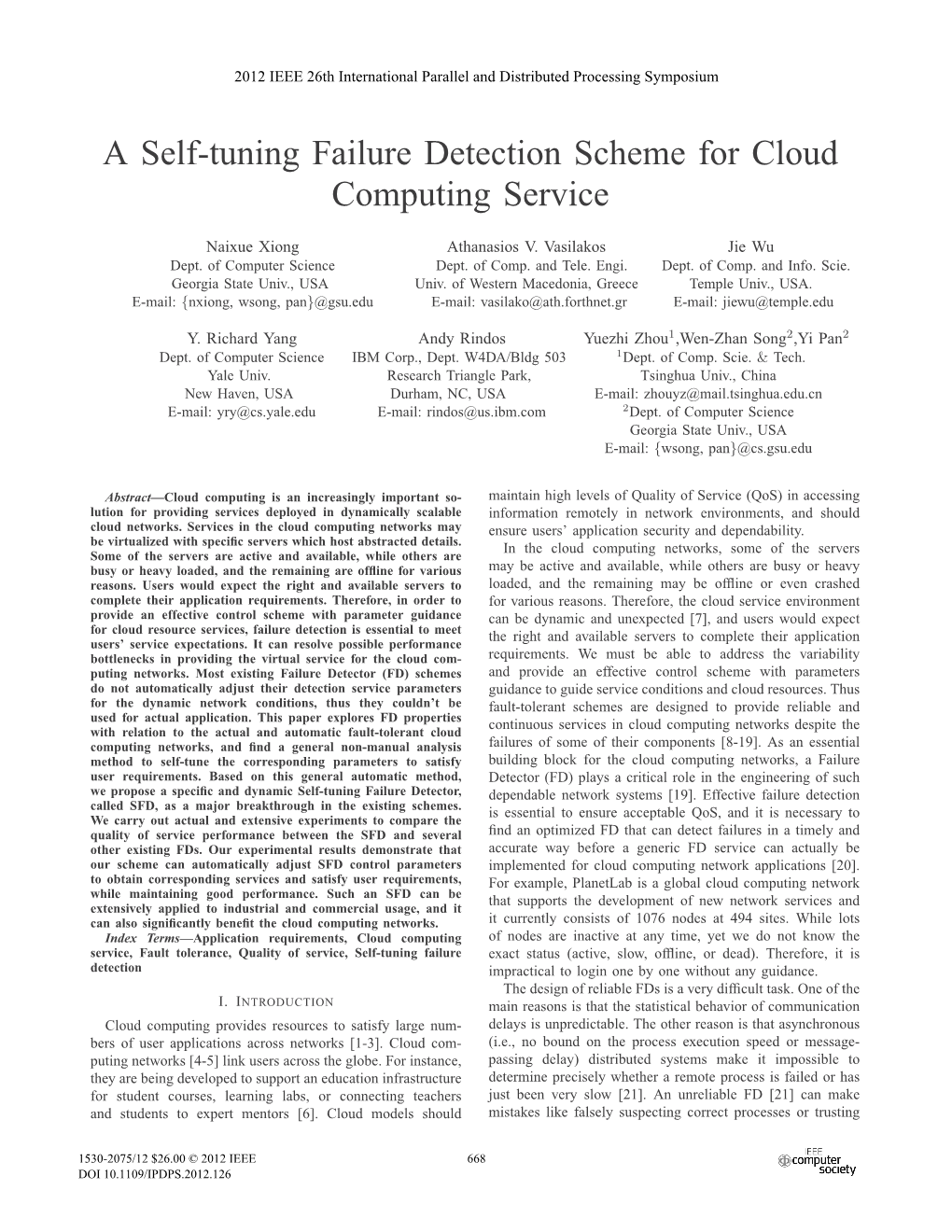 A Self-Tuning Failure Detection Scheme for Cloud Computing Service