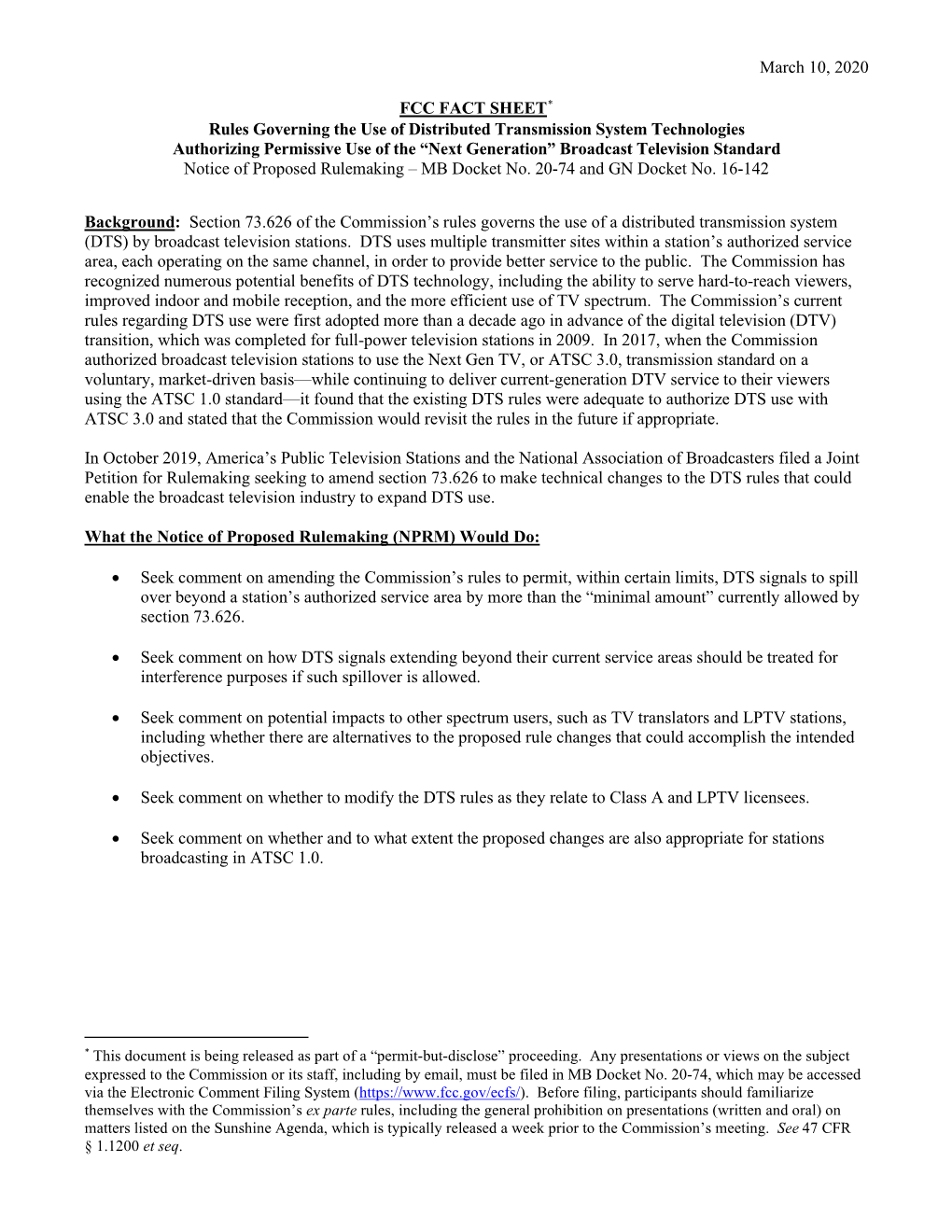 March 10, 2020 FCC FACT SHEET* Rules Governing the Use Of