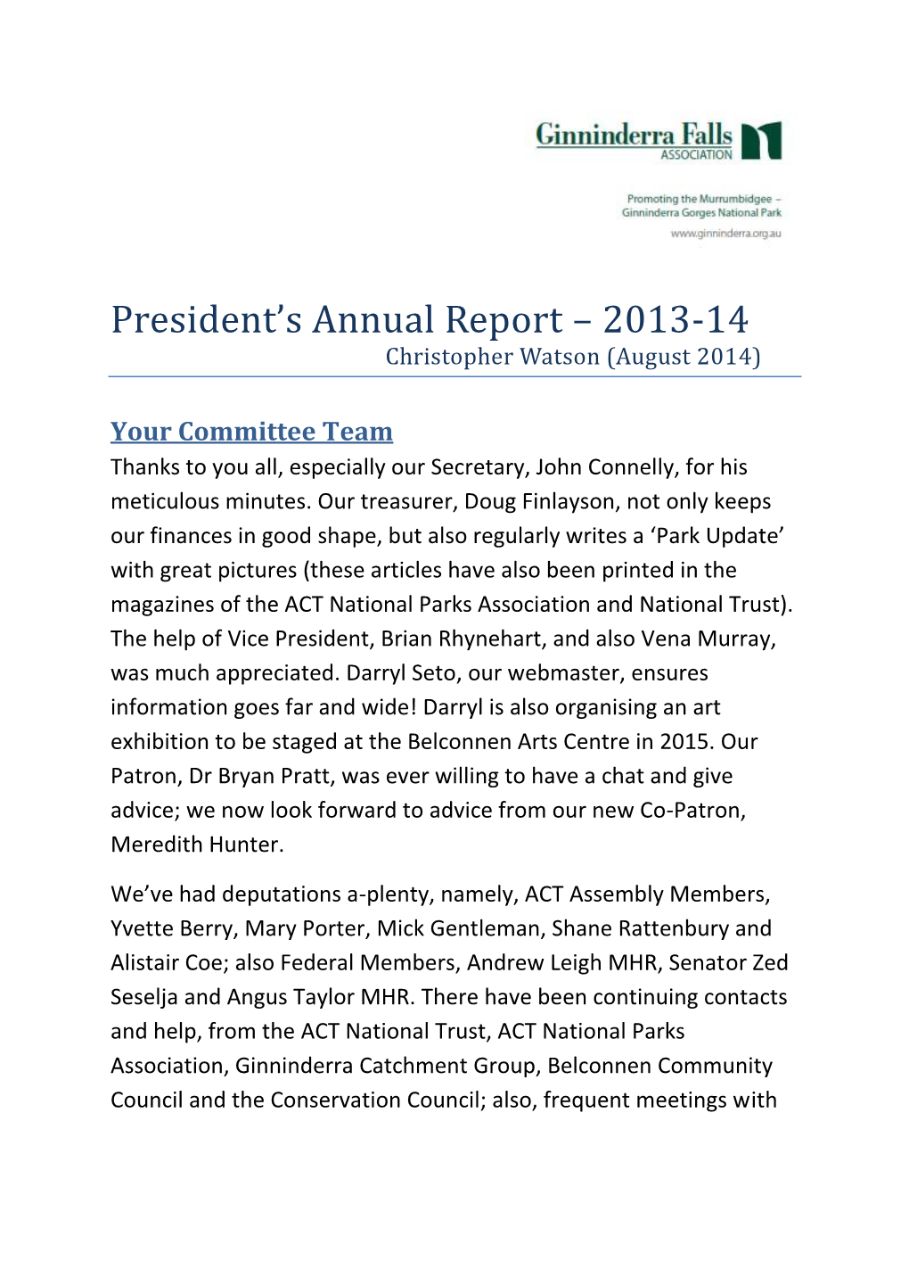 President's Annual Report – 2013-14