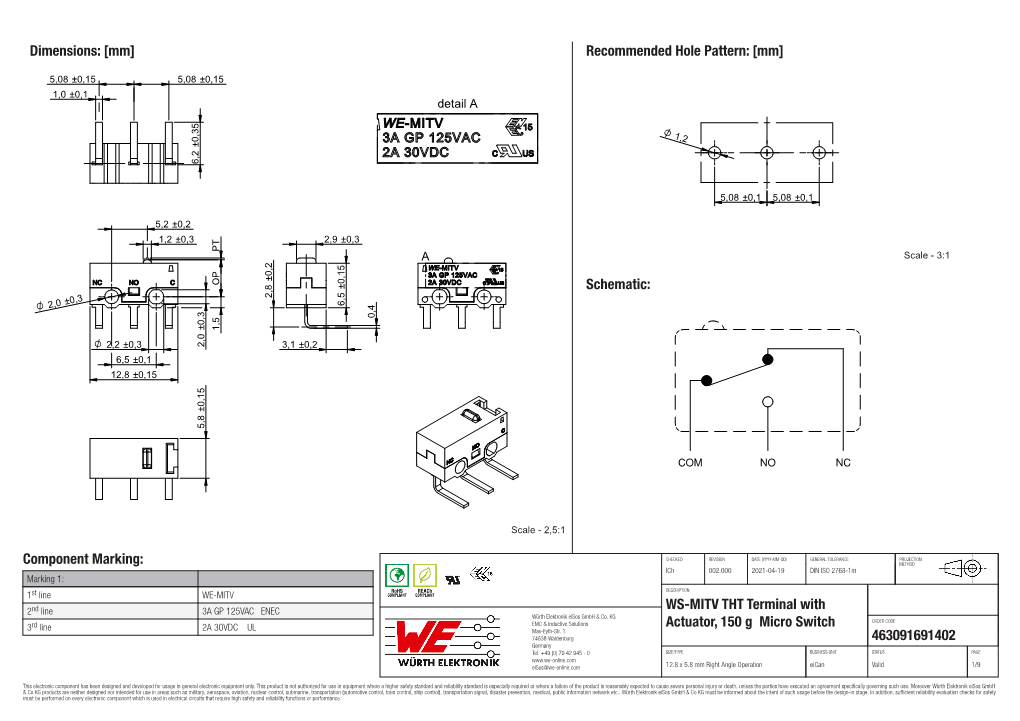 463091691402 Datasheet WS-MITV THT Terminal with Actuator, 150 G Micro Switch