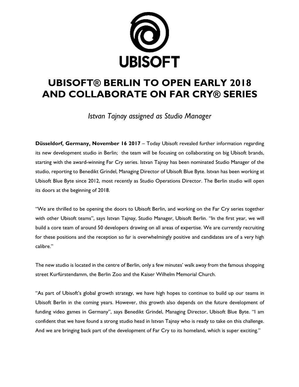 Ubisoft® Berlin to Open Early 2018 and Collaborate on Far Cry® Series