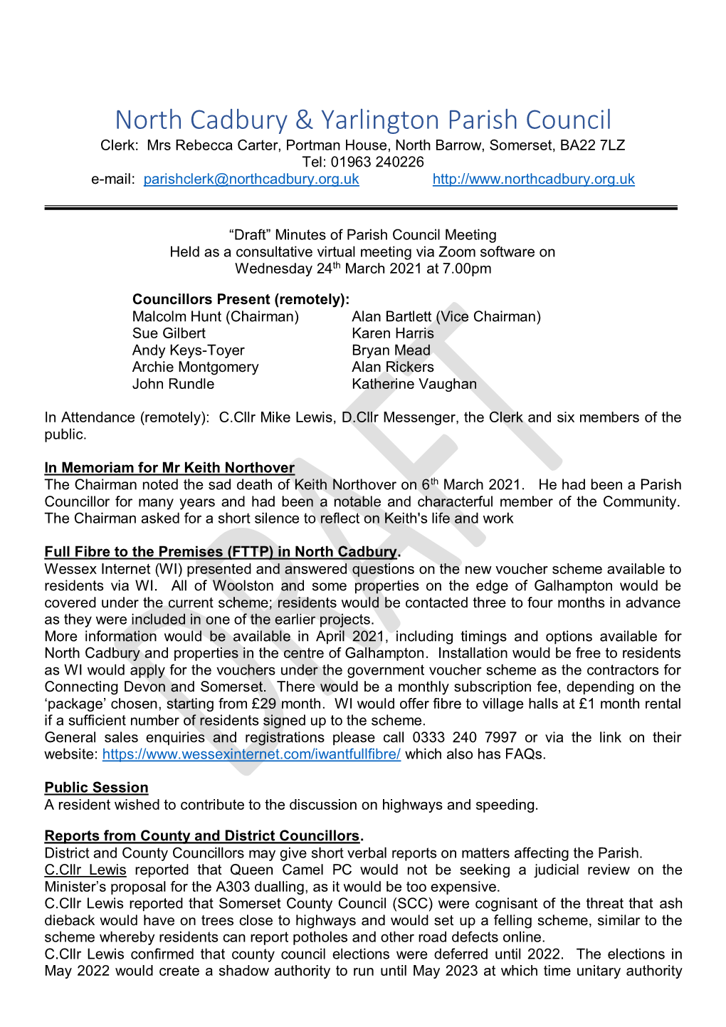 Minutes of Parish Council Meeting Held As a Consultative Virtual Meeting Via Zoom Software on Wednesday 24Th March 2021 at 7.00Pm