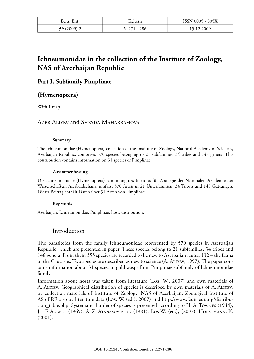 Ichneumonidae in the Collection of the Institute of Zoology, NAS of Azerbaijan Republic