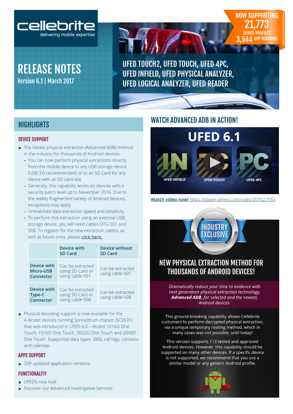 RELEASE NOTES UFED INFIELD, UFED PHYSICAL ANALYZER, Version 6.1 | March 2017 UFED LOGICAL ANALYZER, UFED READER