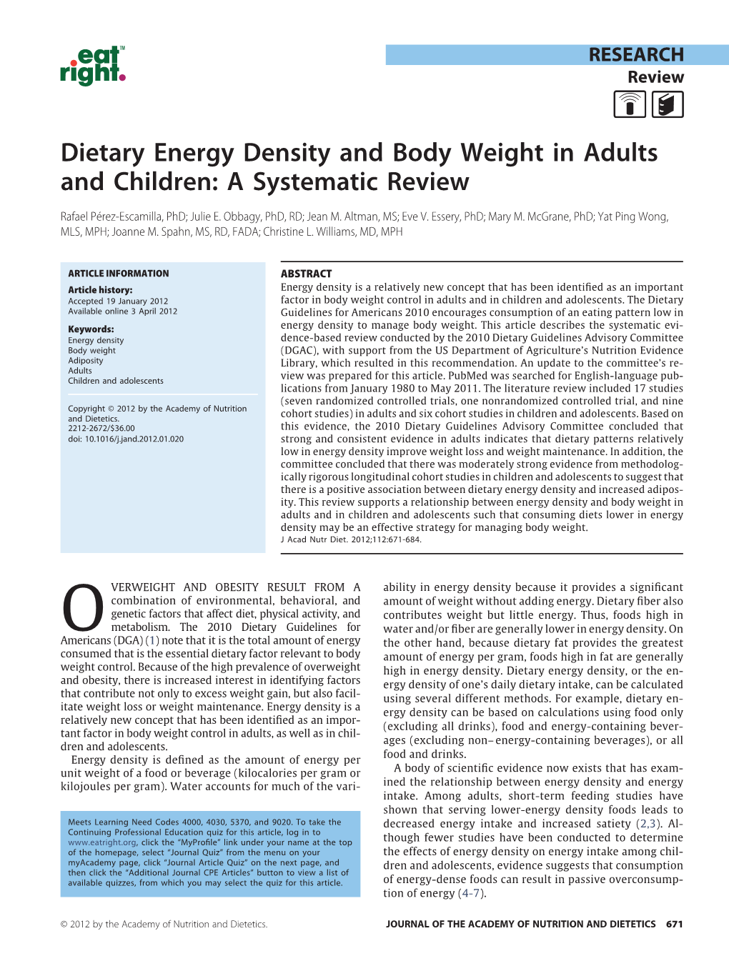 Dietary Energy Density and Body Weight in Adults and Children: a Systematic Review