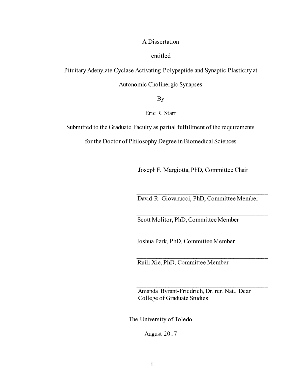 A Dissertation Entitled Pituitary Adenylate Cyclase Activating