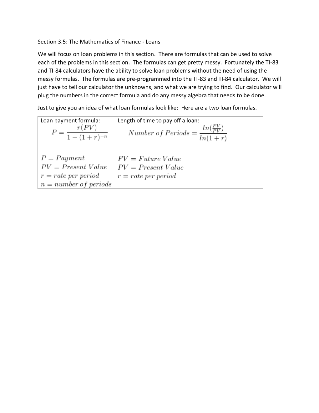 Section 3.5: the Mathematics of Finance - Loans We Will Focus on Loan Problems in This Section