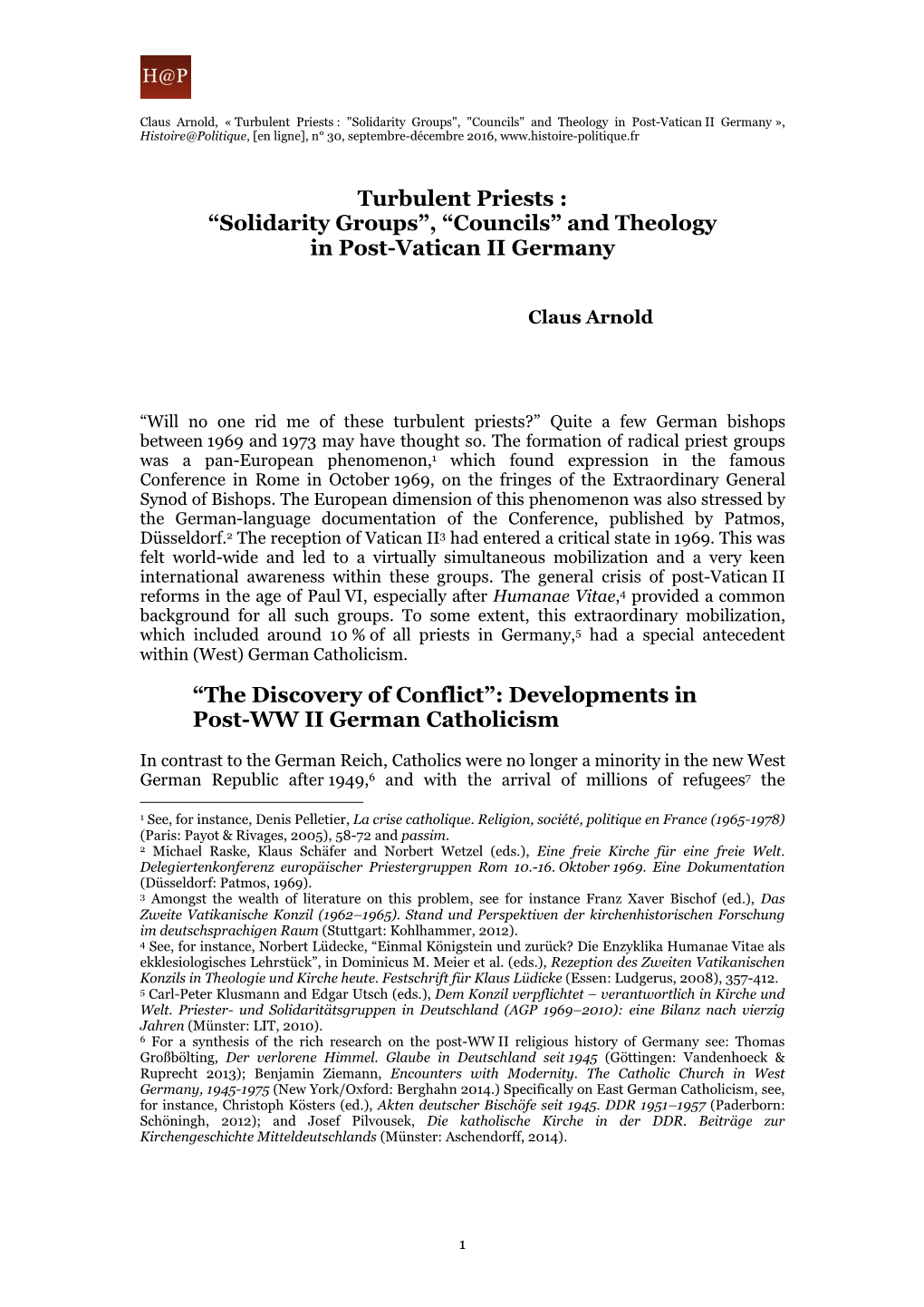 And Theology in Post-Vatican II Germany », Histoire@Politique, [En Ligne], N° 30, Septembre-Décembre 2016