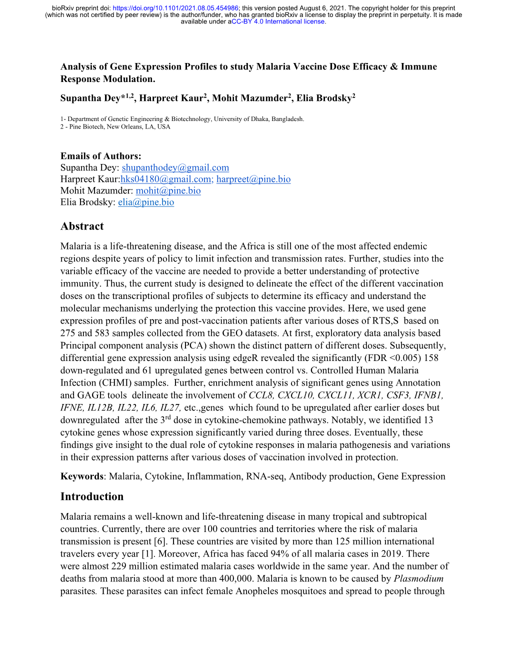 Analysis of Gene Expression Profiles to Study Malaria Vaccine Dose Efficacy & Immune Response Modulation