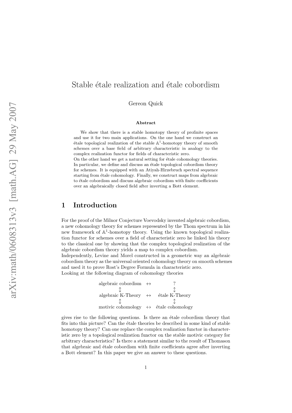 Stable Etale Realization and Etale Cobordism